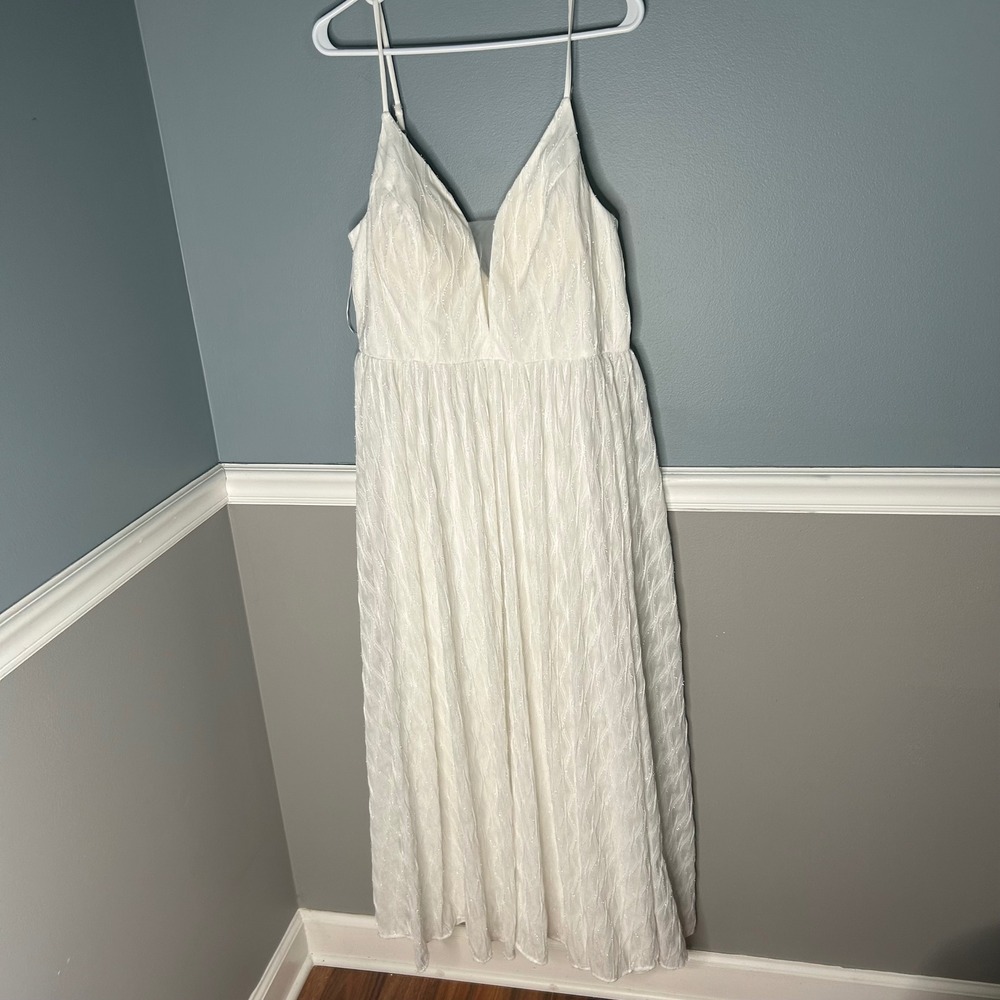 White Shimmer Textured Wave V-Neck Maxi Dress XL cottagecore fairy coastal
